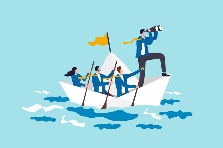 illustration of leadership to lead business in crisis, teamwork or support to achieve target, vision or forward strategy for success concept, businessman leader with binoculars lead business team sailing origami ship
