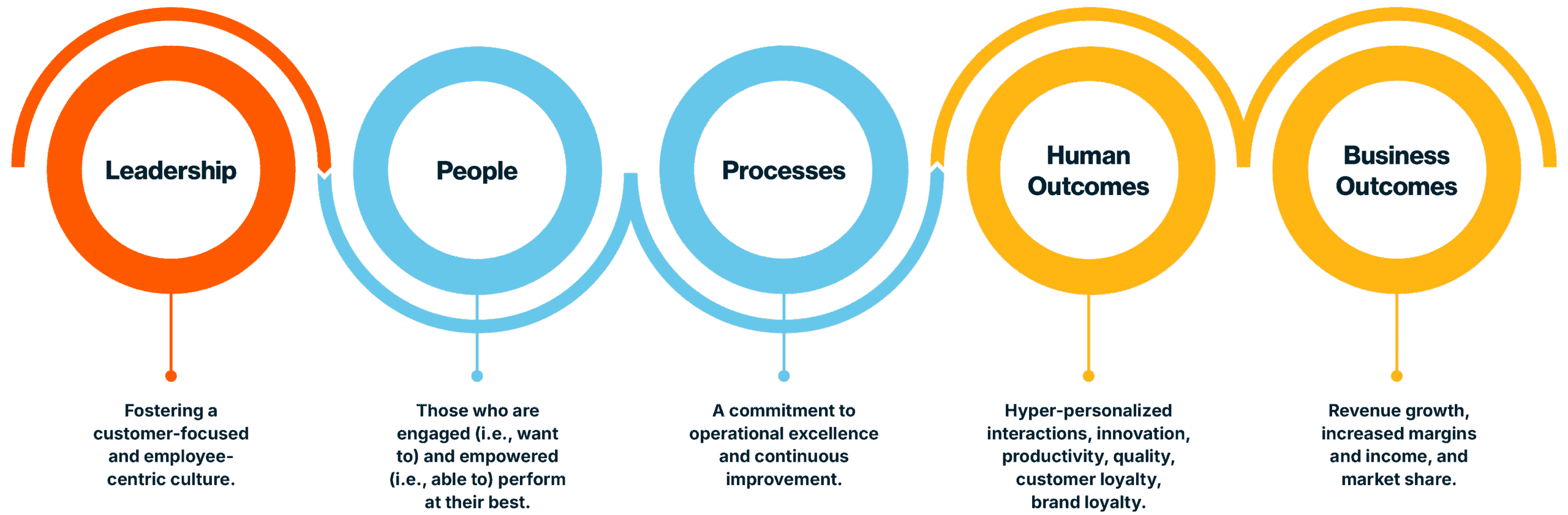 Diagram showing five business pillars: Leadership, People, Processes, Human Outcomes, and Business Outcomes, each with a brief description of its role in organizational success.
