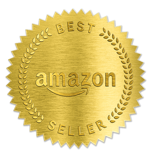 A gold embossed seal with laurel leaves, featuring the words "BEST SELLER" and "amazon" in the center.