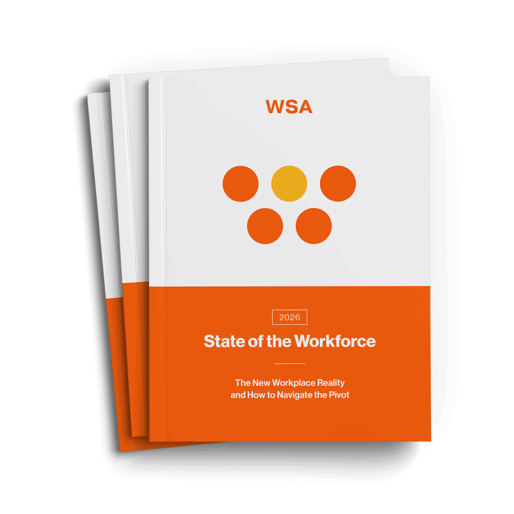 Three stacked books with a white and orange cover titled "State of the Workforce 2026" by WSA, featuring a dot pattern and a subtitle about workplace reality.