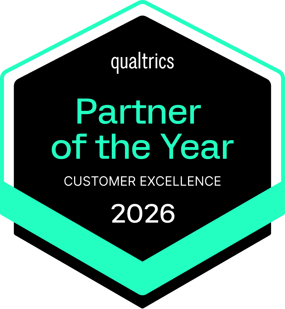 A hexagonal badge reads "Qualtrics Partner of the Year Customer Excellence 2026" in green and white text on a black background.